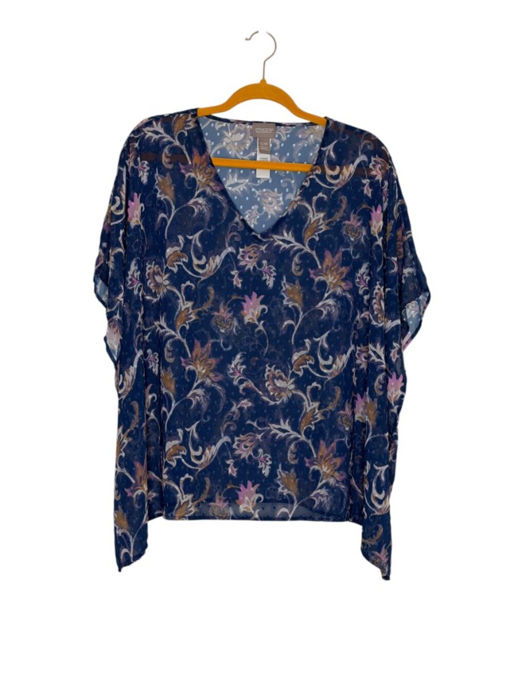 Chicos Sheer Dolman Top Blouse Shirt Asymmetrical Paisley Floral Blue S M - Picture 1 of 8